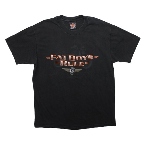 Vintage Harley Davidson Fat Boys Rule Black Short Sleeve Moto T Shirt Top sz L - Picture 1 of 4